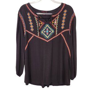 Rock & Roll Cowgirl Shirt Womens XL Brown Embroidered Western Boho Aztec Top